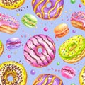 Donuts, macaroon and jelly beans seamless pattern on a blue background Royalty Free Stock Photo