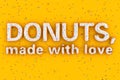 Donuts: Made With Love Sale Slogan Sign in Shape of Big White Chocolate Glazed Donut with Sprinkles. 3d Rendering Royalty Free Stock Photo