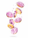 Donuts with marshmallows are falling down, isolated on a white background Royalty Free Stock Photo