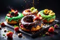 donuts in multi-colored glaze with berries on a black background Royalty Free Stock Photo