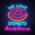 Donuts- Neon Sign Vector on brick wall background