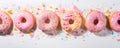 Donuts pattern with icing on white background. Sprinkled sweet and colourful glazed doughnut.