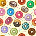 Donuts pattern. Tasty bakery dessert vector colored seamless background