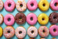 Donuts pattern. Top view of assorted glazed donuts. Colorful donuts