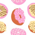 Seamless donuts pattern in cartoon flat style