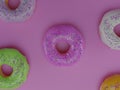 5 donuts on a pink background scattered on the table