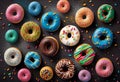 Donuts with pink, chocolate, lemon, blue mint glaze on darkbackground. colored sprinkles. Seamless