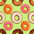 Donuts with pink, chocolate, orange glaze on green background.