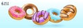 Donuts with pink glaze and chocolate, colored glaze and caramel. 3D vector realistic objects. Food icons set for packaging design Royalty Free Stock Photo