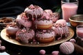 Donuts with pink icing and 3D chocolate realistic objects set of food Royalty Free Stock Photo