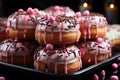 Donuts with pink icing and 3D chocolate realistic objects set of food Royalty Free Stock Photo