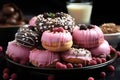 Donuts with pink icing and 3D chocolate realistic objects set of food Royalty Free Stock Photo
