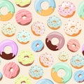 Donuts with pink icing, glazing and sprinkles seamless vector pattern. Background for cafes, restaurants, coffee shops Royalty Free Stock Photo