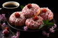 Donuts with pink icing and strawberries on top on a black plate, flowers on the background Royalty Free Stock Photo