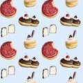 Donuts with red icing watercolor seamless pattern on light blue background for cafes, restaurants, coffee shops, menus Royalty Free Stock Photo