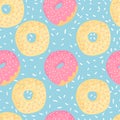 Donuts seamless pattern on blue background with white spotted. Desserts vector background in flat cartoons style. Royalty Free Stock Photo
