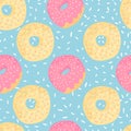 Donuts seamless pattern on blue background with white spotted. Desserts vector background in flat cartoons style.