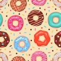 Donuts seamless pattern. Colored doughnuts assorted, american sweet food. Design for fabric print, bakery sticker