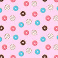 Donuts seamless pattern. Colored doughnuts assorted, american sweet food. Design for fabric print, bakery sticker cartoon vector d