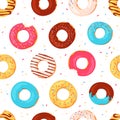 Donuts seamless pattern. Sweet summer print with glazed doughnuts. Bitten donut with pink icing and sprinkles. Bakery dessert Royalty Free Stock Photo