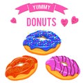 Donuts set. Collection of tasty donuts with different icings Royalty Free Stock Photo