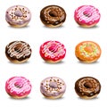 Donuts set collection on a white background. Vector realistic dessert. Colorful delicious treats