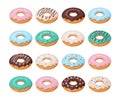 Donuts set. A large collection of donuts, poured with various glazes. Sweet dessert, fast food. Vector illustration Royalty Free Stock Photo