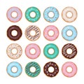Donuts set. A large collection of donuts, poured with various glazes. Sweet dessert, fast food. Vector illustration Royalty Free Stock Photo