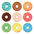 Donuts set. Sweet and tasty food icons background for any design solution. Vector illustration. Chocolste, glaze Royalty Free Stock Photo