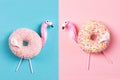 Donuts in a shape of flamingos, on blue and pink background, top view Royalty Free Stock Photo