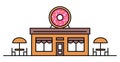 Donuts shop or cafe with two tables. Coloured vector flat illustration. Design. Signboard with big tasty donut with glaze. Cafe