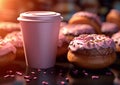 Donuts with strawberry and pink cup of coffee on cafe table.Macro.AI Generative