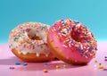 Donuts with strawberry and vanilla glazing on pink and blue background.Macro.AI Generative