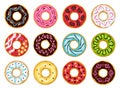 Donuts. Top view sweets desserts collection into glaze for menu design, cafe decoration, delivery box. Candy food with