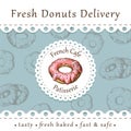 Donuts vintage banner or poster with lacy cut on blue. Homemade pastry delivery leaflet template. baking label. retro