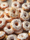 Donuts with white glaze and gold sprinkles. Sugar, sweets, snack, junk food, birthday, concept. Top view Royalty Free Stock Photo