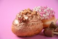 Donutssufgania and dreidal - Jewish holiday Hanukkah symbols.