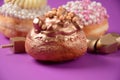Donutssufgania and dreidal - Jewish holiday Hanukkah symbols.