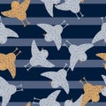 Doocle kids style seamless pattern with random flying birds shapes. Navy blue striped background Royalty Free Stock Photo