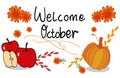 Welcome october-hand drawn lettering with pumpkin, apple and flower illustration. seasonal background. doodle art for wallpaper, g