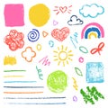 Doodle abstract crayon pencil chalk nature icons. Vector hand drawn scribble multicolor shapes. Graffiti design elements