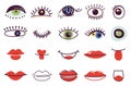 Doodle abstract face elements. Femal lips, isolated color eyes. Faces parts, lady bohemian decorations. Funny red lip