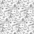 Doodle Abstract Pattern With Line Hand Drawn Face, Fish, Boat, Sea, And Smoke.