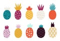 Doodle abstract pineapple. Colorful pineapples, trendy fruits print. Fresh textured exotic food drawing, isolated