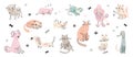 Doodle adorable pets. Cute dog portrait, pretty kitten relax different poses. Cats and dogs, cartoon drawing puppies