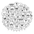 Doodle aliens circle shape pattern. Space black and white print for coloring book