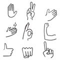 Doodle All Hand Emojis Gestures Vector Icons Set. Biceps, fist, folded hands, victory hand emojis. Emoticon Gesture Illustrations