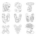Doodle alphabet with rest on the sea, from R to Z, for coloring page Royalty Free Stock Photo