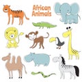 Doodle animals. African baby animal lion, monkey and crocodile, elephant and giraffe, zebra and hippo vector characters