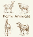 Doodle animals. Farm animals vintage set, vector. Drawings for text illustration, decoupage, design covers, signage, posters